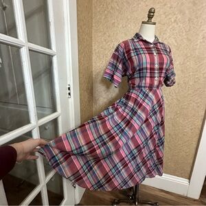 VTG 70s 80s Retro Pink Plaid Button Up Collared Midi Dress